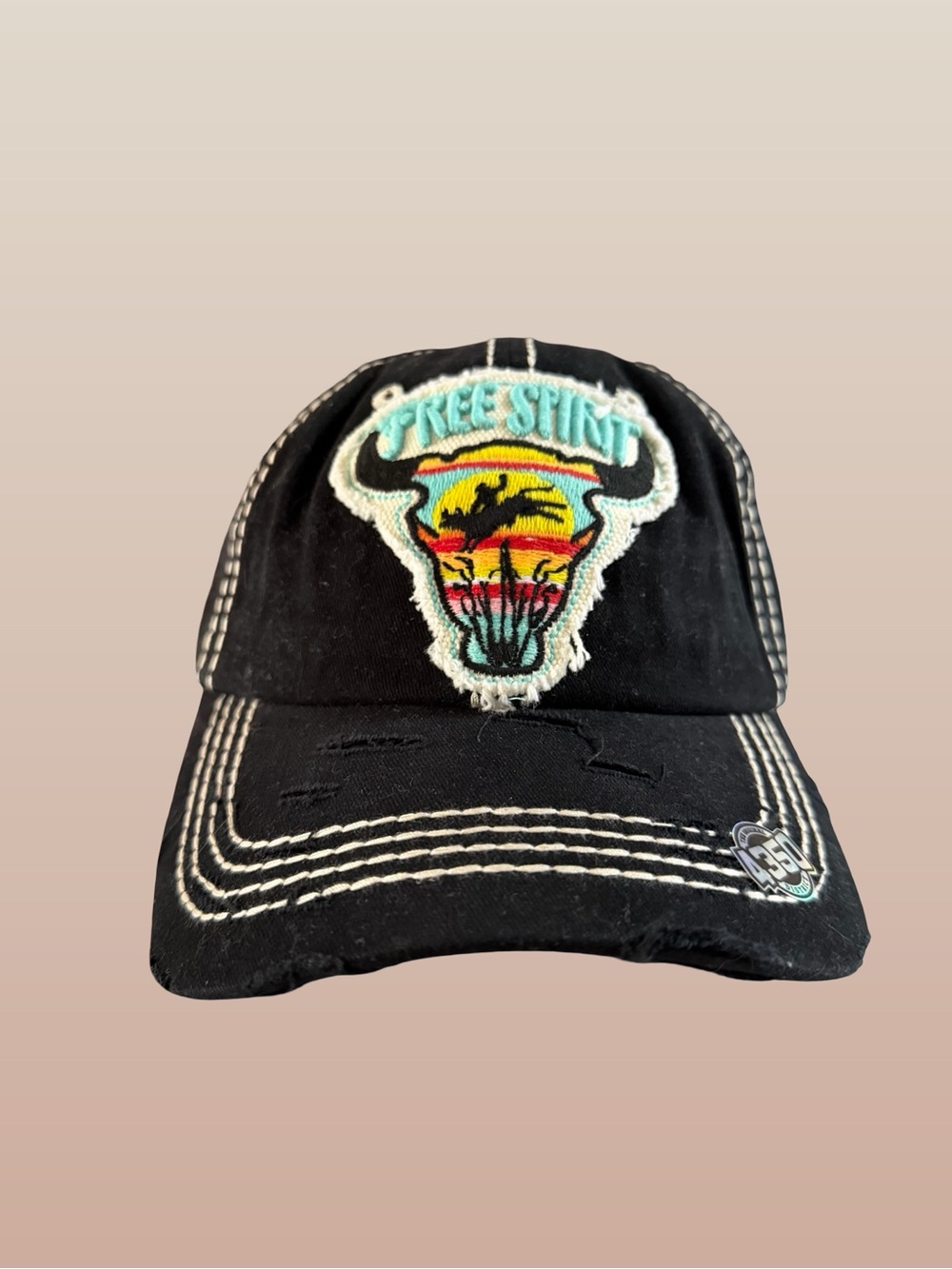 4350 District Black Distressed Cap with Free Spirit Cow Skull design-Adjustable